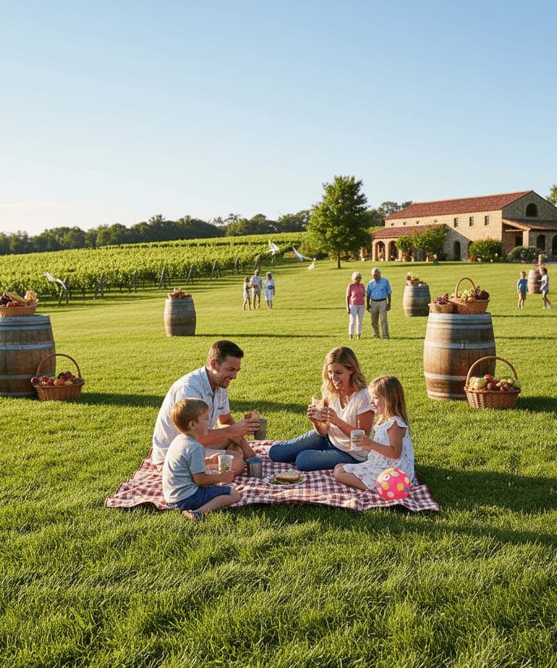 Family on a green lawn at a Long Island winery