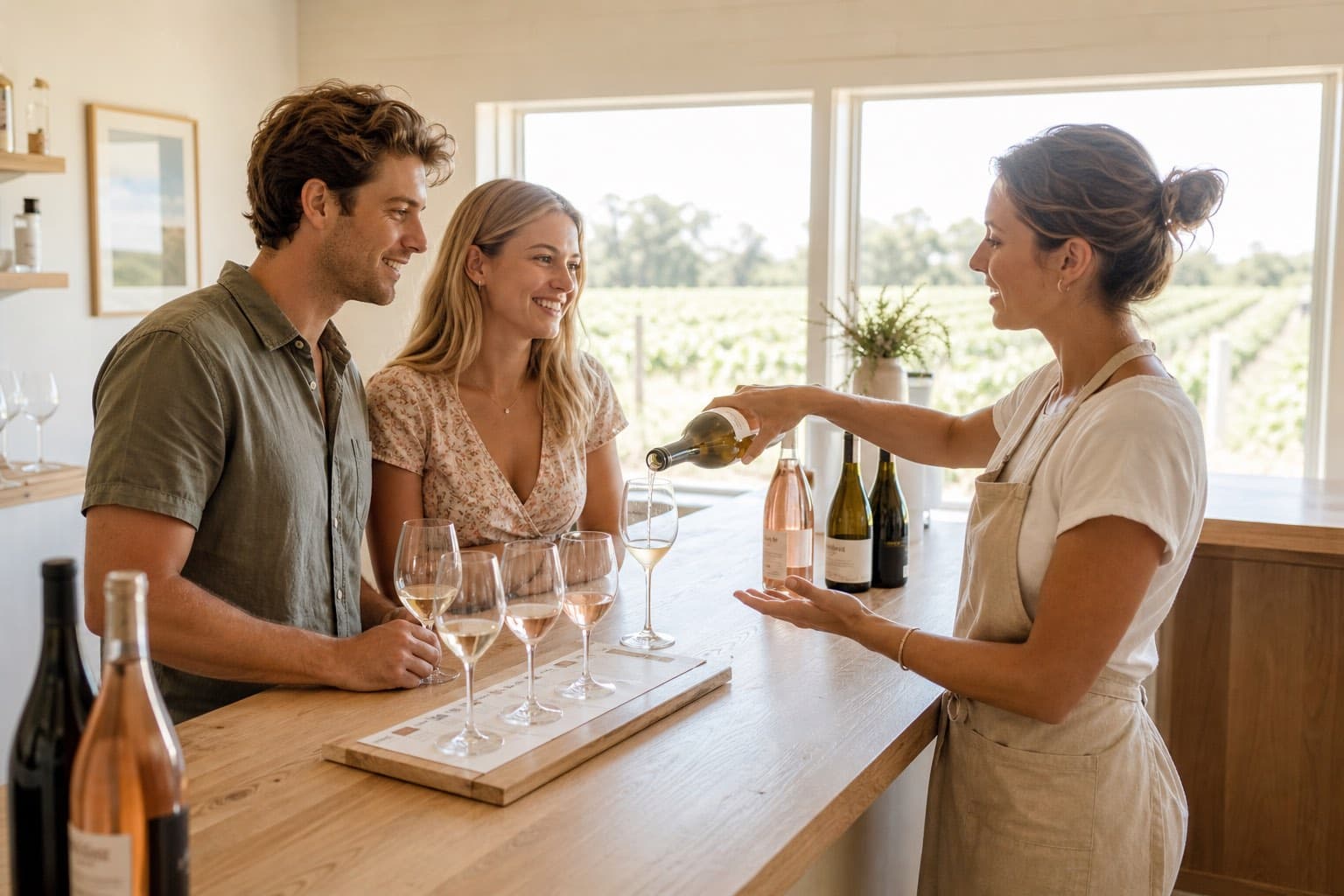 Host pouring a tasting flight at a North Fork counter
