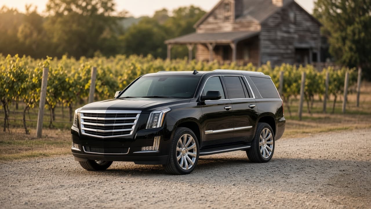 Black Cadillac Escalade waiting at a vineyard entrance
