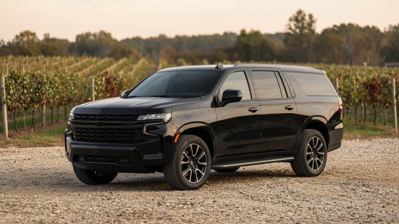 Black Chevrolet Suburban waiting at a vineyard entrance