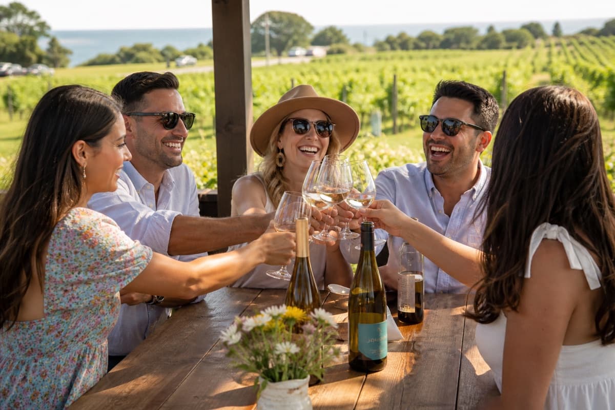Friends tasting wine on an outdoor winery patio