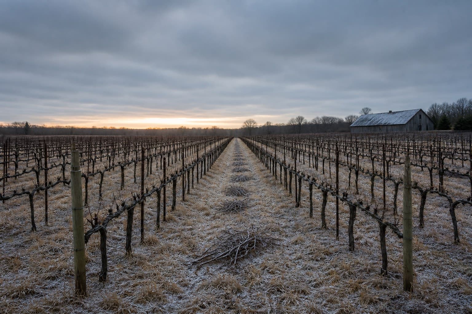 Bare pruned vine rows under a grey February sky on the North Fork