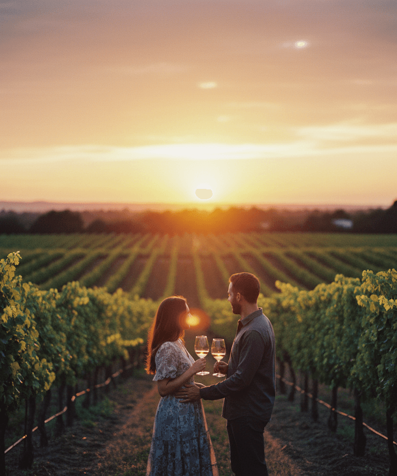 Couple at a vineyard table in golden evening light