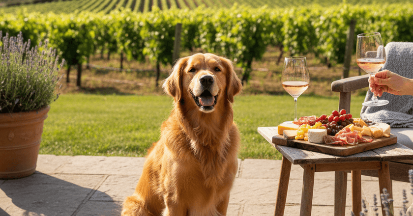 Golden retriever beside a vineyard patio table set with rosé and a cheese board