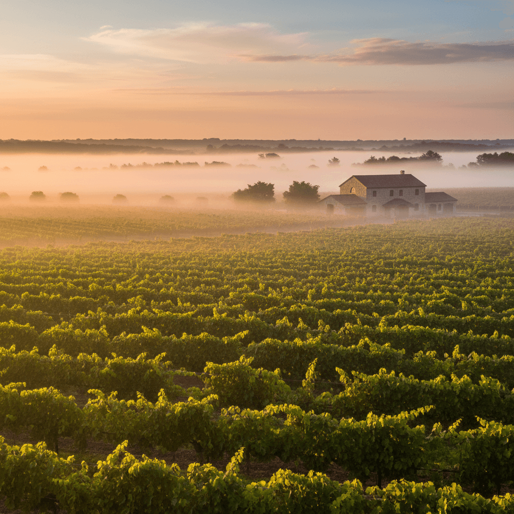Sunrise over vineyard rows on Long Island’s North Fork