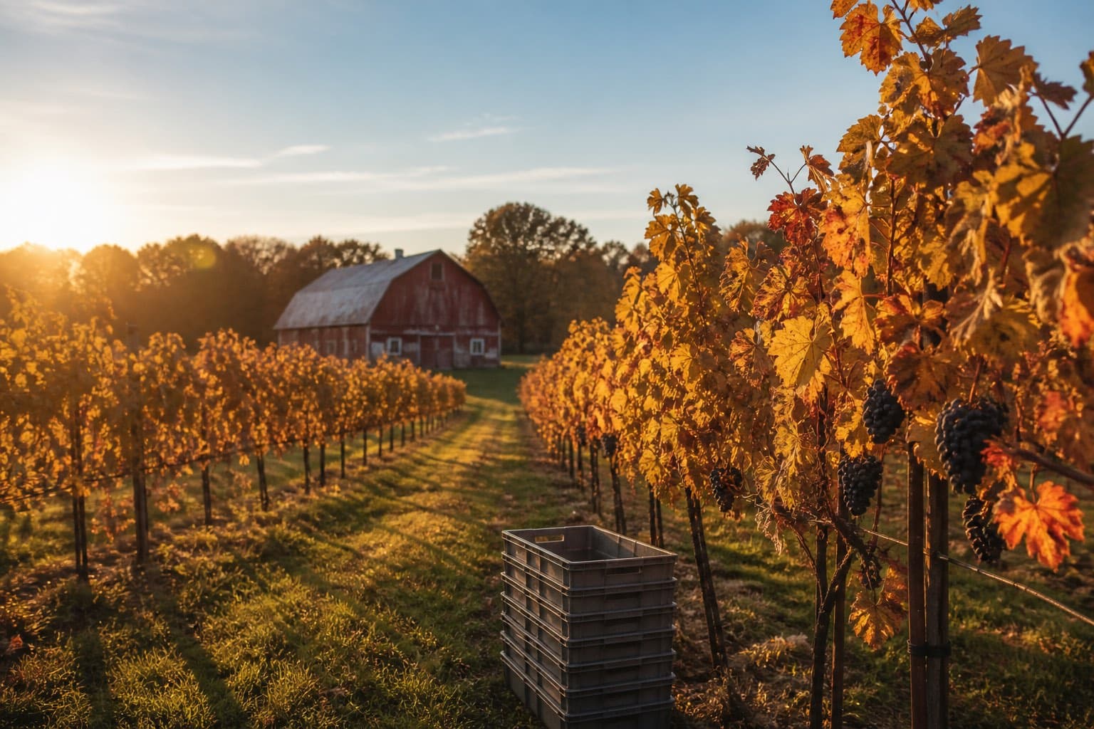Vine rows in golden October leaves with harvest crates and a red barn in low sun