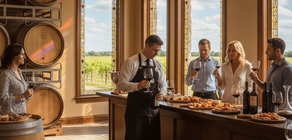 Host pouring at a tasting room bar with guests, charcuterie boards and barrels beside vineyard windows