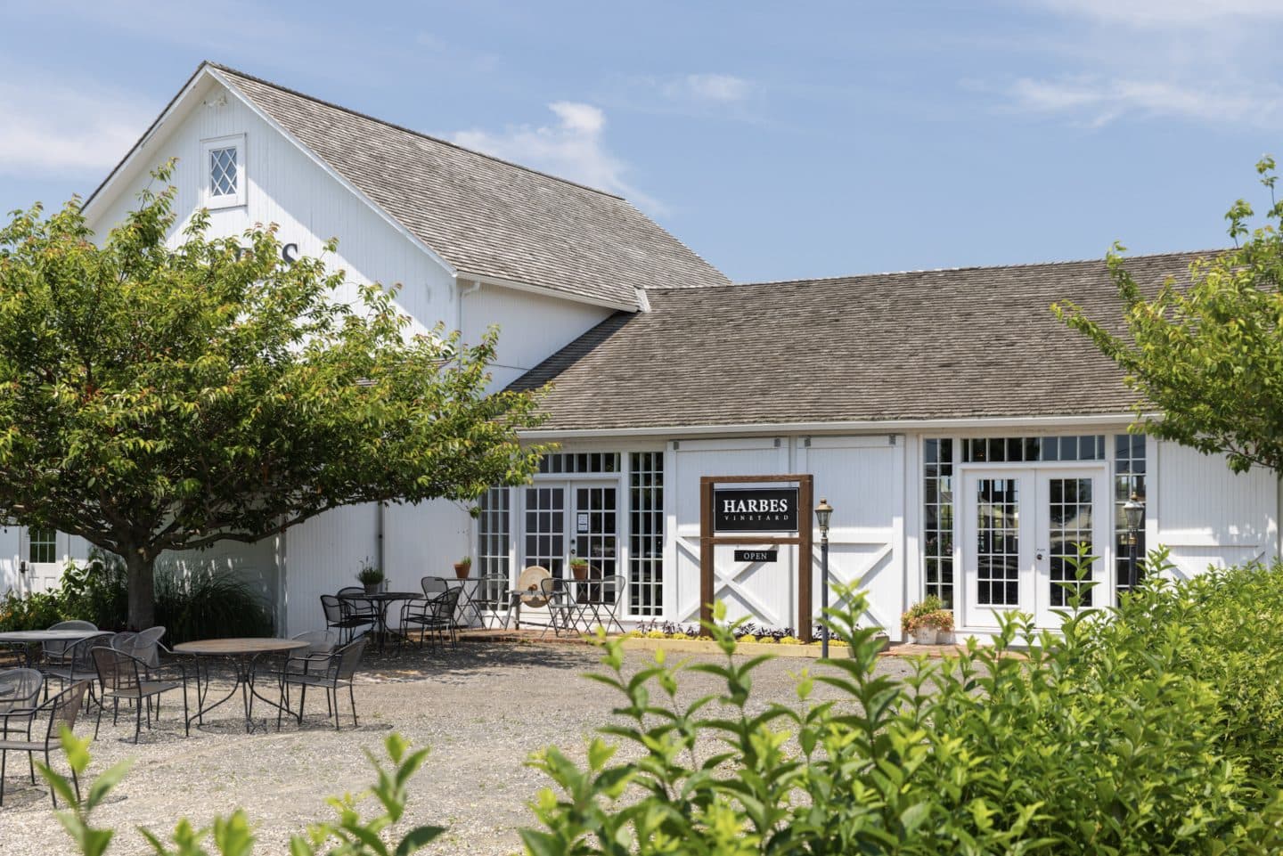 Wine barn and patio at Harbes Vineyard in Mattituck