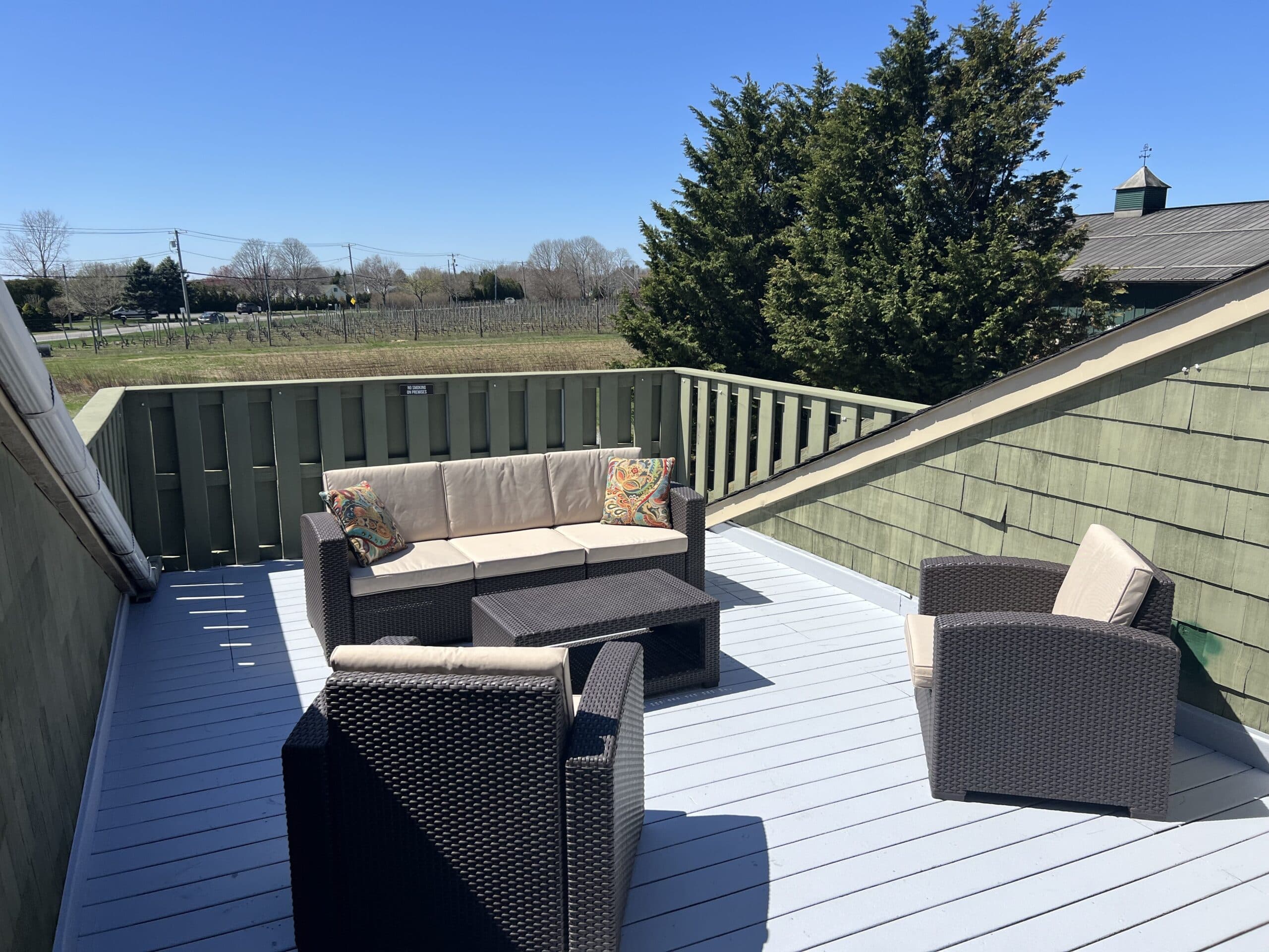 Second-story deck overlooking the farm at Long Island Spirits