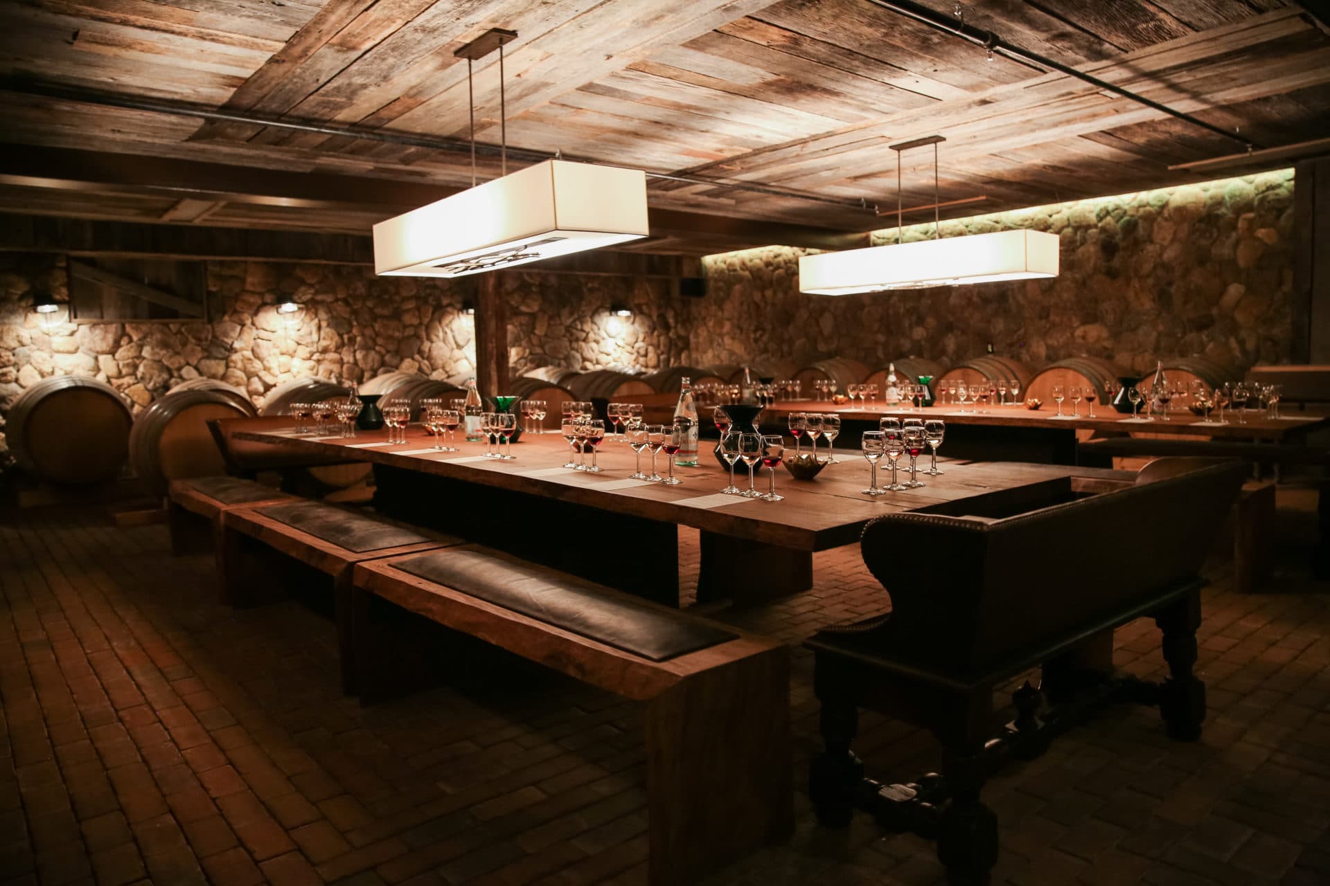 Barrel cellar tasting table at Macari Vineyards