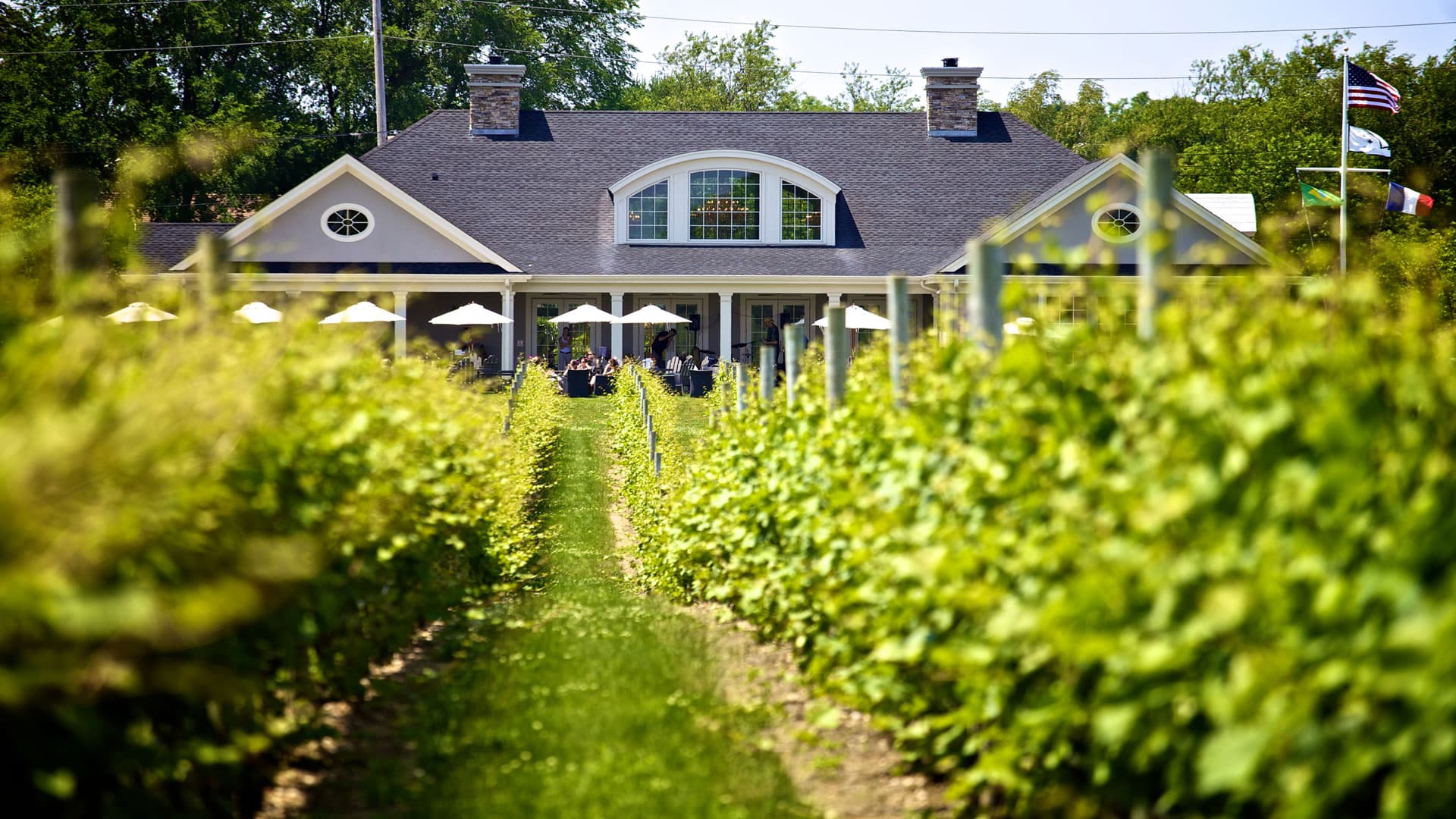 Sparkling Pointe tasting house seen from the vineyard