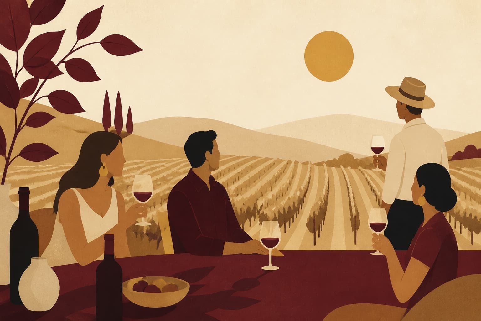 Illustration of four people tasting wine at a long table above vine rows