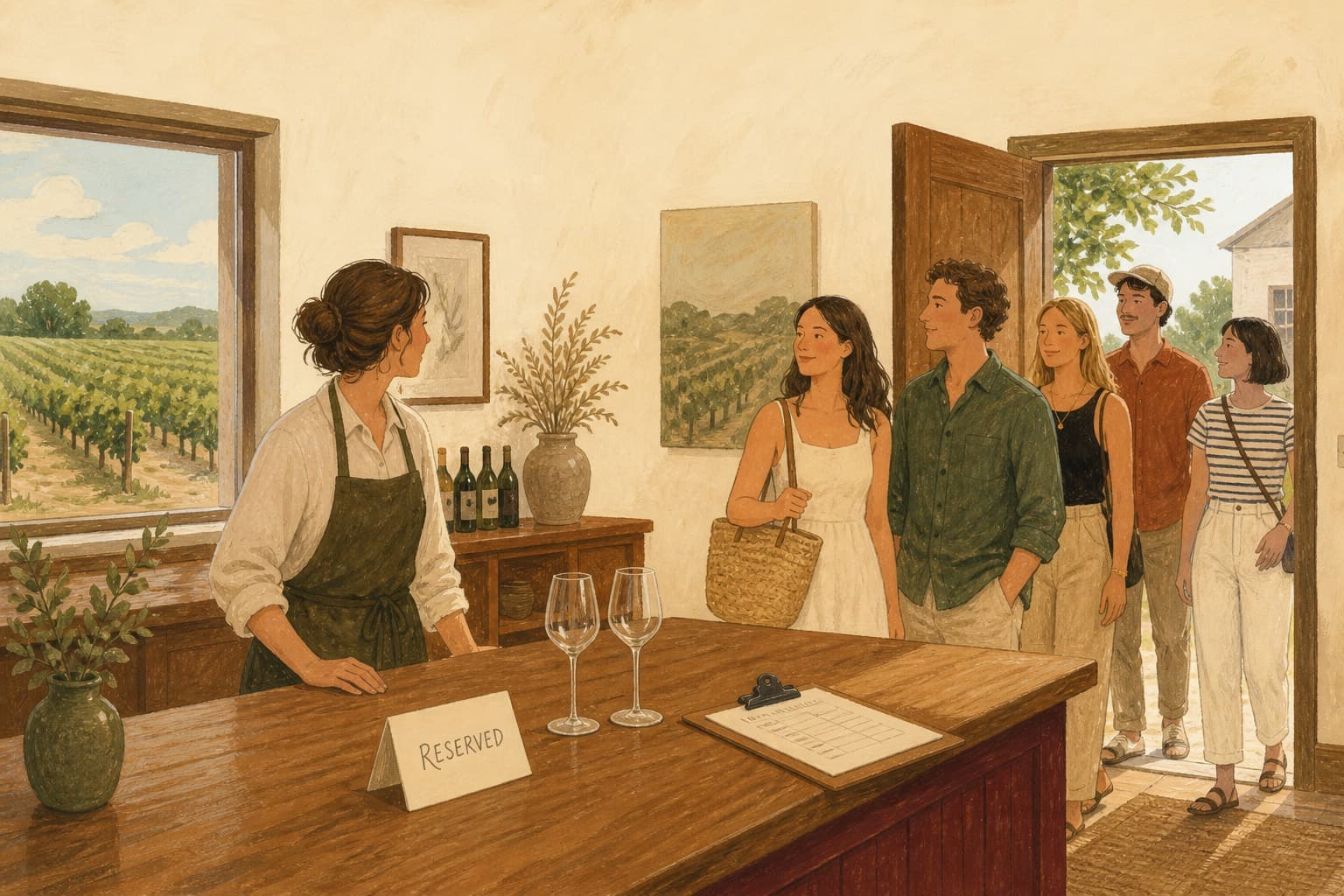 Illustration of a reserved card on a tasting room counter as a party of five walks in